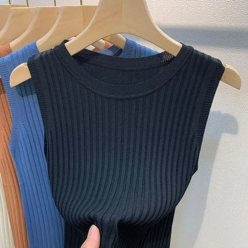 Summer 2026 New Fashion Knitted Vests O-neck Sleeveless Casual Thin Tops Sleeveless Blouse Women Shirt ﻿