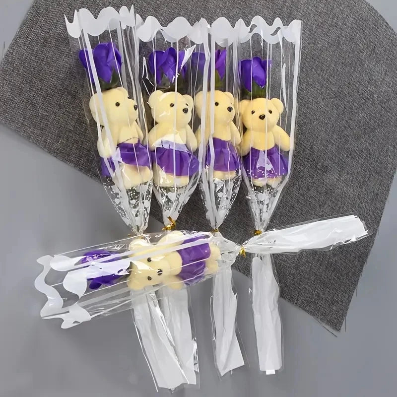 5PCS Artificial Rose Bear Flowers Soap Bouquet Set Lovely Flower Gift for Mother's Day Valentine's Birthday Wedding Home Decor