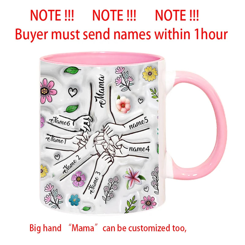 Personalized Kids Names Mug Customize 3D Effect Printing WITH Flowers Cup Holding Hands Coffee Mugs Mother's Day Gifts