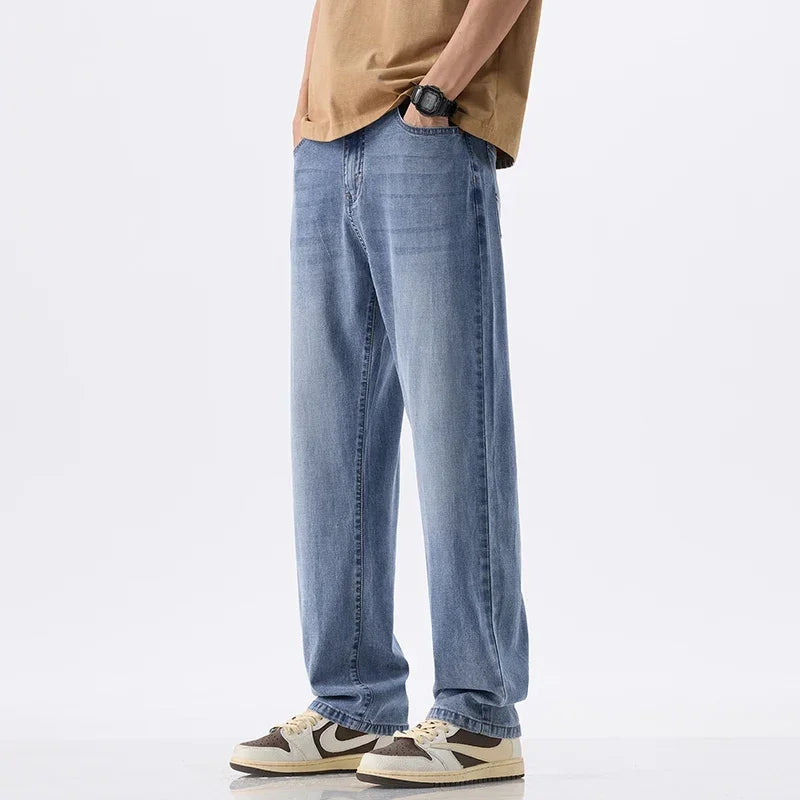 Lyocell Thin Men's Vintage Jeans Casual Loose Denim Pants Korean Fashion Comfortable Straight Summer Male Trousers