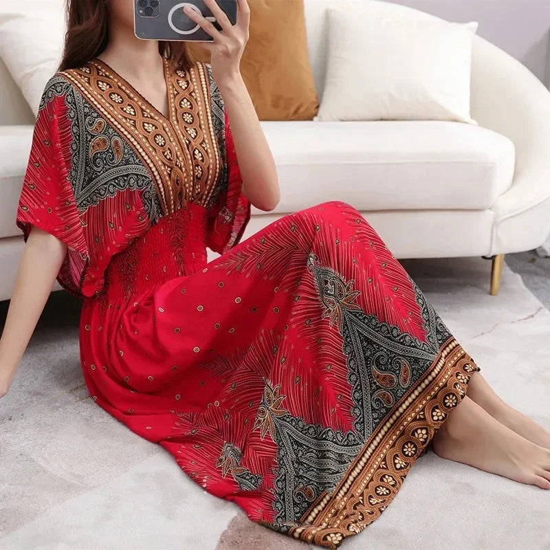 Vestidos Para Mujer Rope Robe Dress Women Casual Elegant Retro Bohemian V Neck Boho Korean Printed Summer Long Dresses Clothes