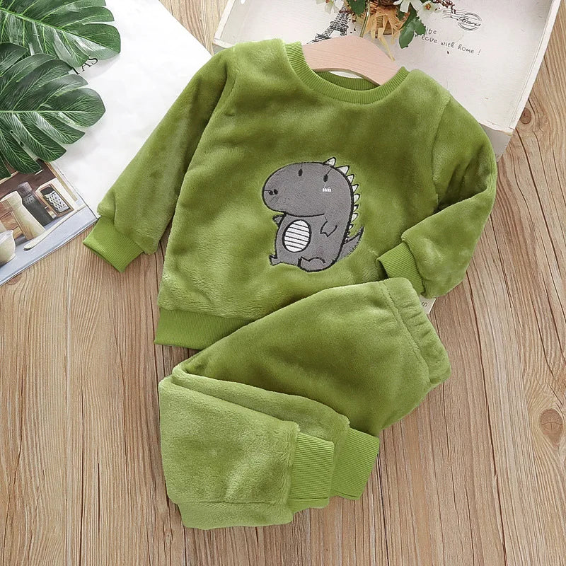 Baby Flannel Home Wear Set Infant Toddler Pajamas Boys Girls Thicken Coral Velvet Cartoon Pattern Top +Pants Two-piece Suit