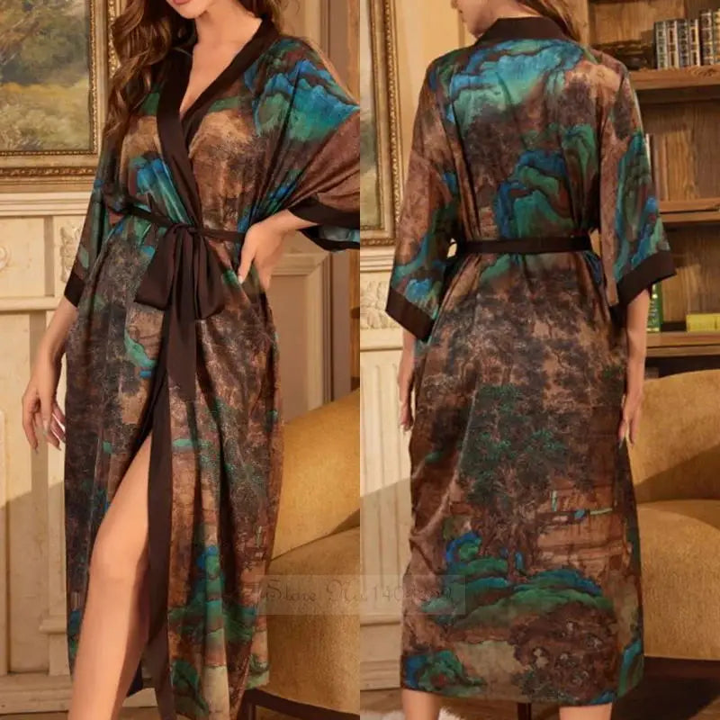 Spring Summer Female Sleepwear Long Robe Print Flower Kimono Bathrobe Gown Night Dress Casual Silk Satin Women's Home Clothing