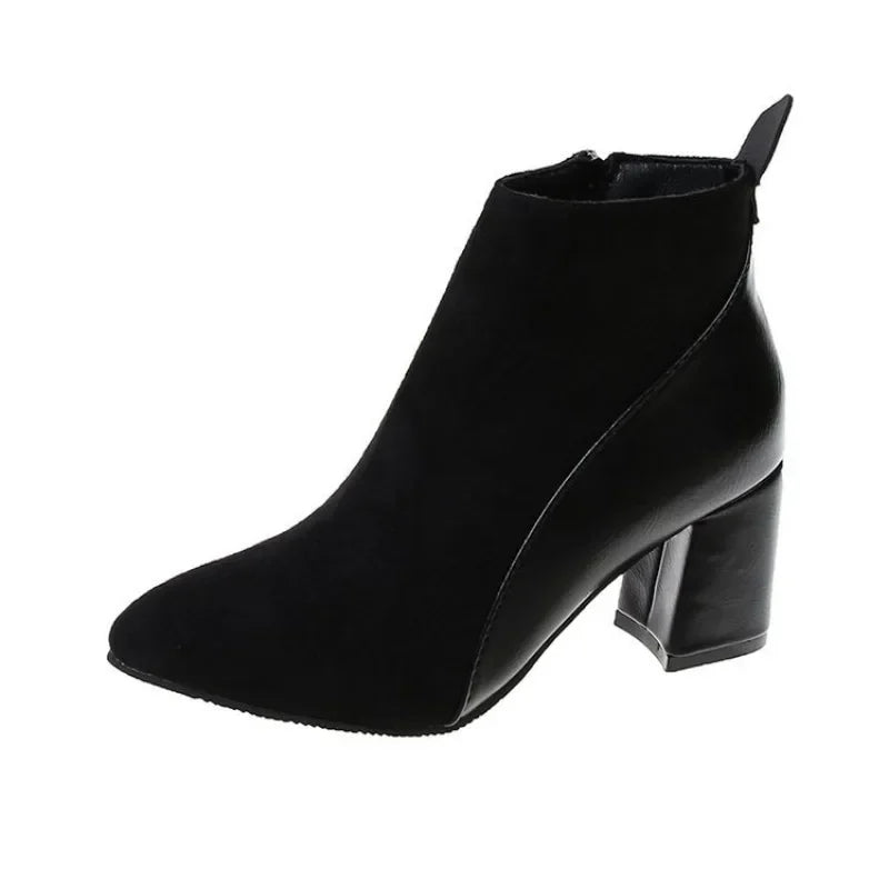 2026 Autumn/Winter Women Ankle Boots Pointed Fashion Short Boots Suede Panel Side Zipper Thick Heels Women's Shoes Large 44