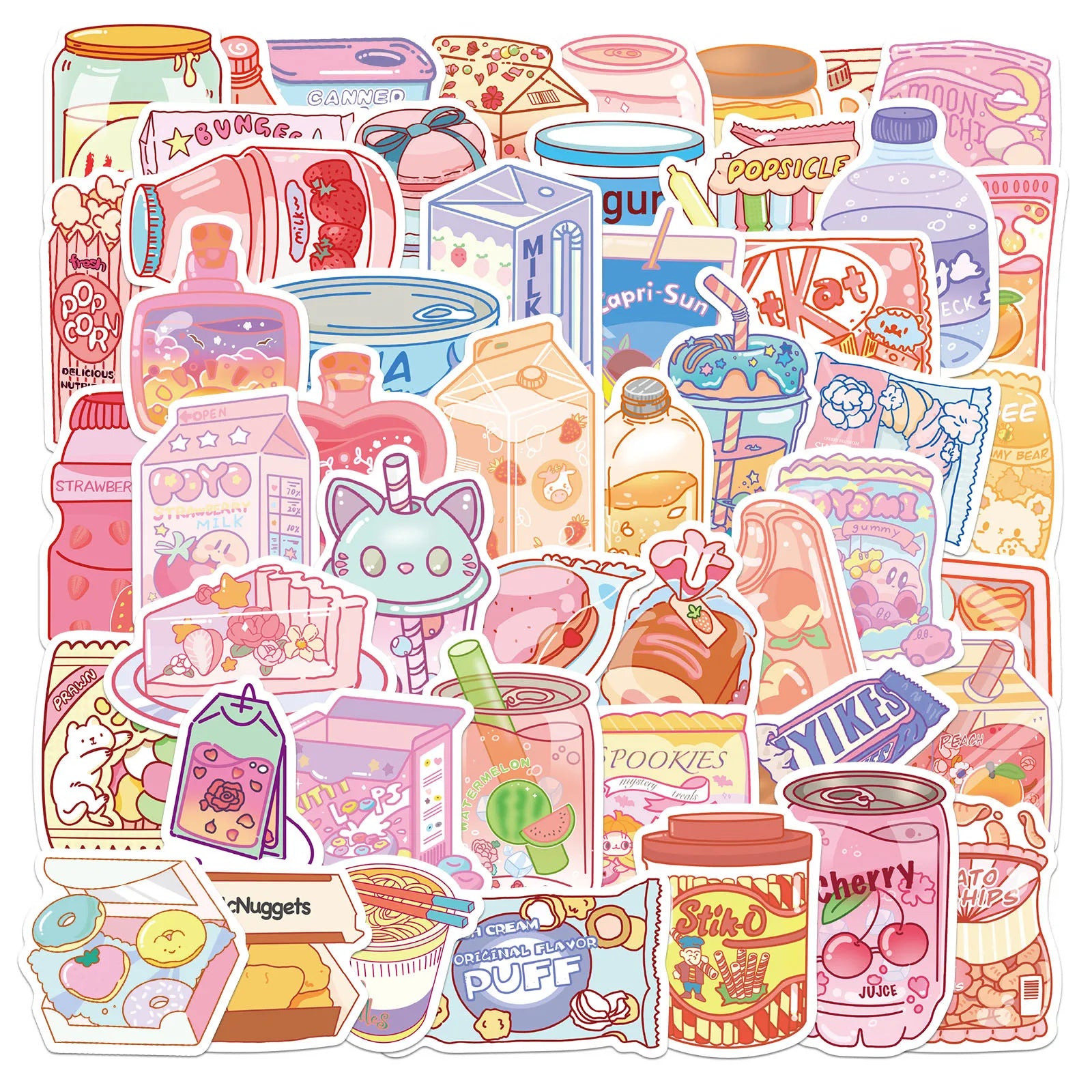10/30/50PCS Korean INS Style Pink Cartoon Food Snacks Stickers Cute Decals Luggage Skateboard DIY Graffiti Girl Gradient Sticker