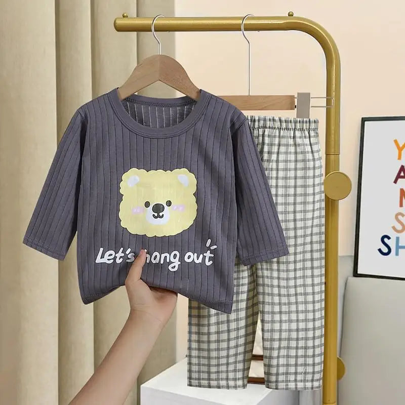 Printed Cartoon Cotton Home Clothes Two Piece Set Autumn Children Clothing Long Sleeve Suit Baby Girl Boy Underwear Set Pajamas