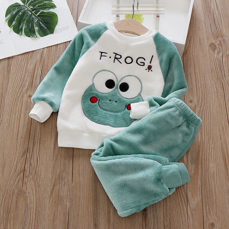 Baby Flannel Home Wear Set Infant Toddler Pajamas Boys Girls Thicken Coral Velvet Cartoon Pattern Top +Pants Two-piece Suit