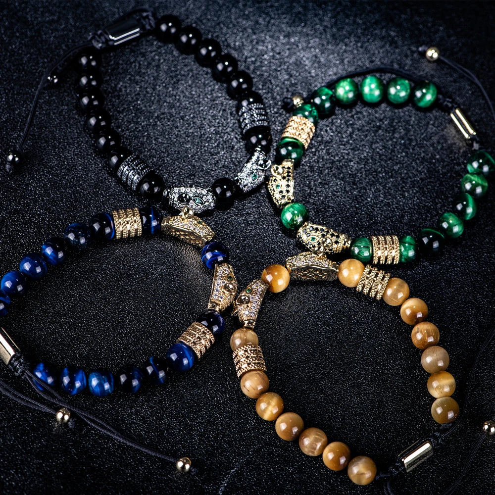 New Trend Double Leopard head Handmade tiger's-eye Bracelets  Accessories Handmade Men's Jewelry Pulseras homme
