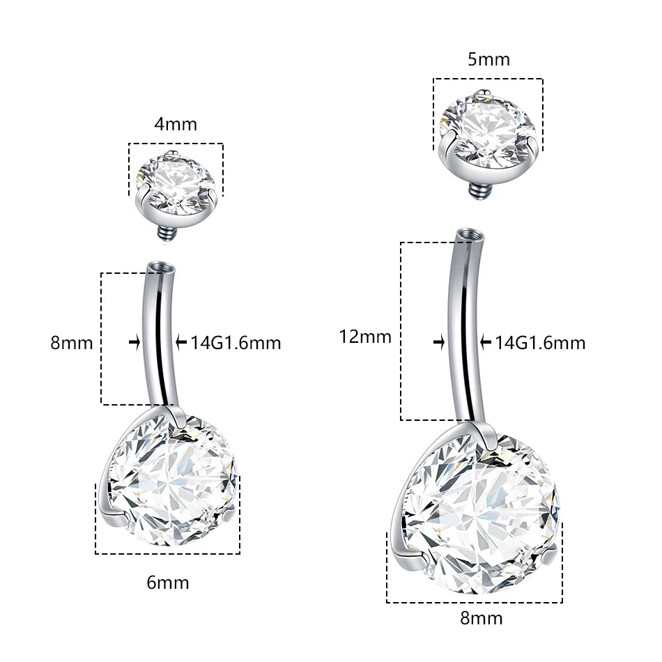 1Pc Titanium Belly Button Ring Zircon Navel Bar Internally Threaded Body Piercing Jewelry Nombril Ombligo Barbell 6/8/10/12mm