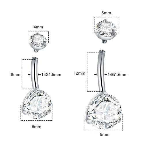 1Pc Titanium Belly Button Ring Zircon Navel Bar Internally Threaded Body Piercing Jewelry Nombril Ombligo Barbell 6/8/10/12mm