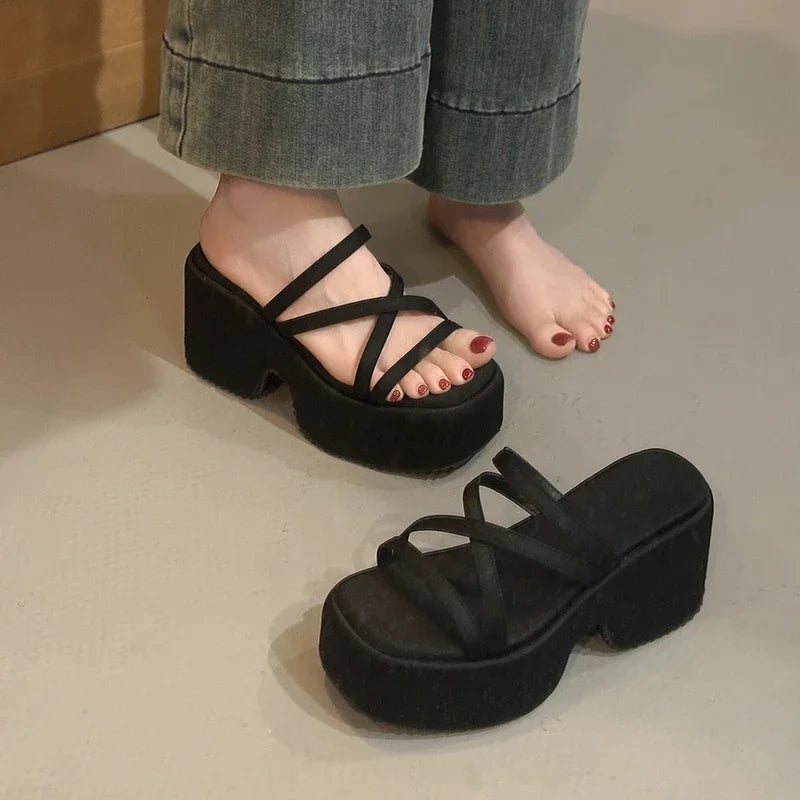 Summer Platform Heel Women Slippers Fashion Open Toe Wedges sandals Narrow Band Slide Ladies Street Style Shoes Leopard Print
