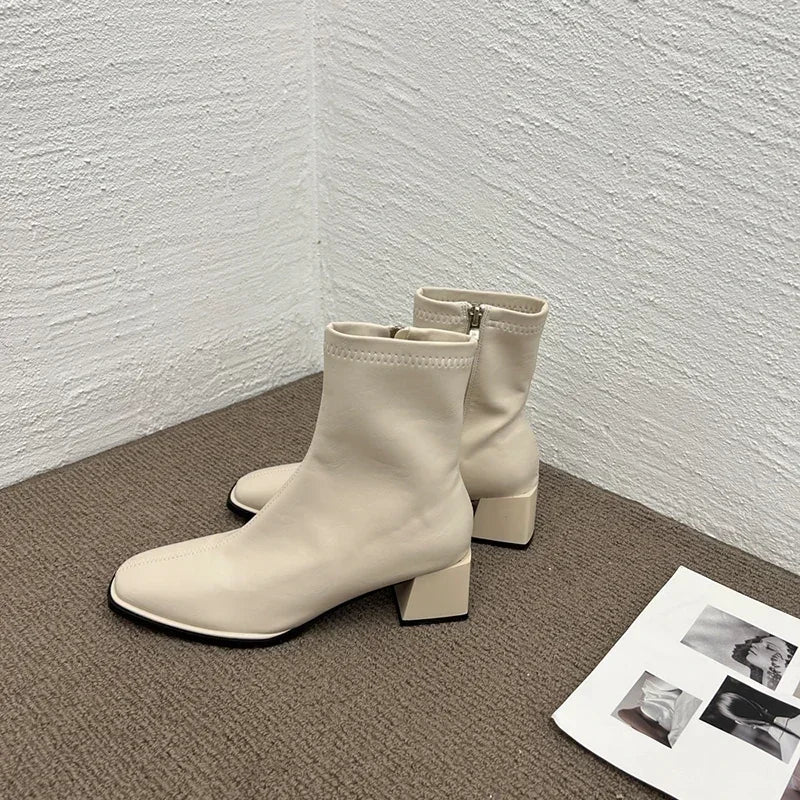 2026 Autumn Winter Design Heel Ankle Boot Fashion Square Toe Zipper Ladies Casual Chelsea Boots Shoes Soft Leather Short Boot