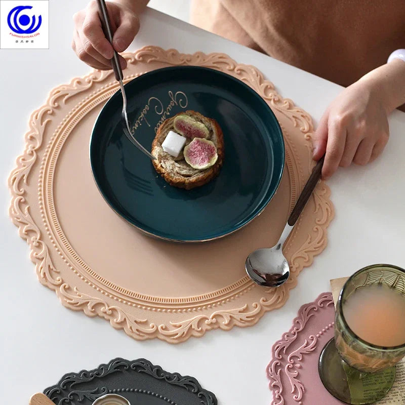 ins retro baroque relief banquet silicone lace placemat thermal insulation anti-scalding plate bowl vase mat