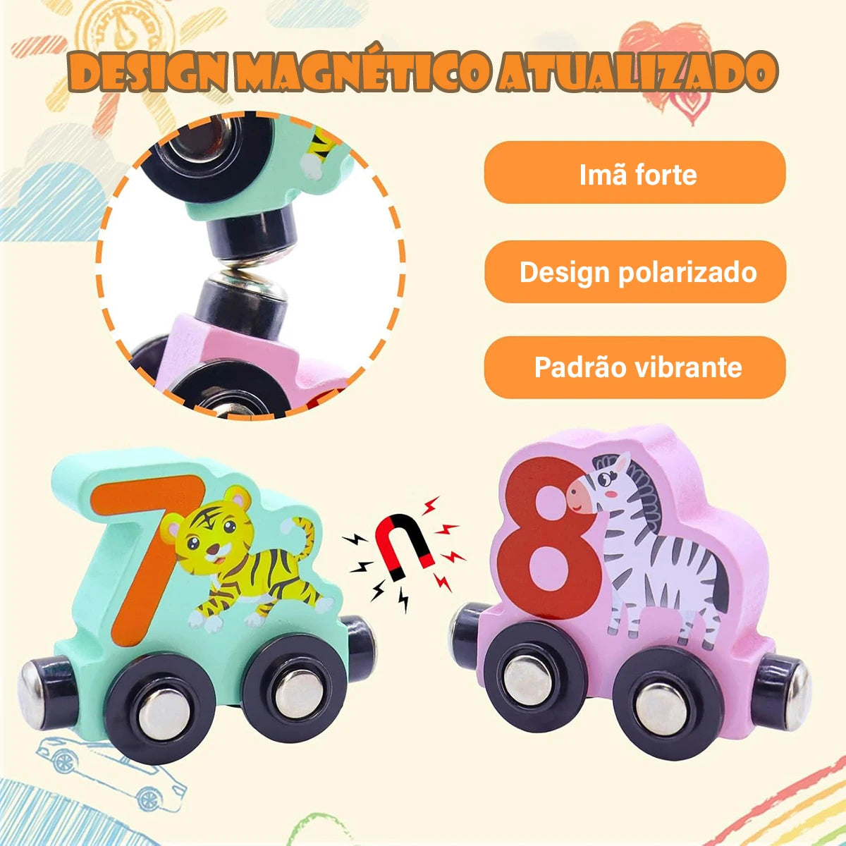 Train Set with 11 Magnetic Wooden Animals for Children, Montessori Toys for Children