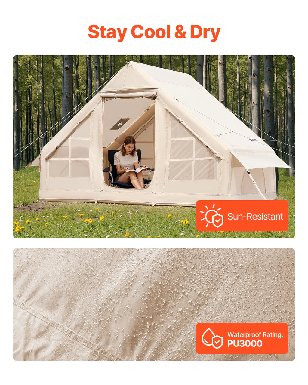 VEVOR Inflatable Tents for Camping Easy Setup Blow up Tent with Hand Pump 300D Oxford Tent with Stove Jack Storage Bag Included