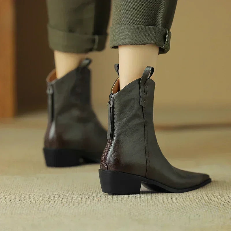 2026 Autumn/winter Women Boots Genuine Leather Western Boots Women Shoes Pointed Toe Chunky Heel Chelsea Boots Retro Ankle Boots