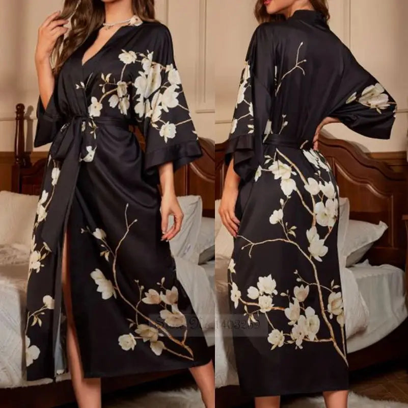 Spring Summer Female Sleepwear Long Robe Print Flower Kimono Bathrobe Gown Night Dress Casual Silk Satin Women's Home Clothing