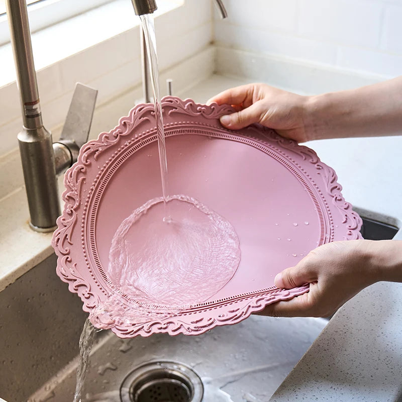 French Vintage Silicone Dining Mat round Bowl Plate Heat Resistant Mat Cup Anti-Scalding Pad Home Decoration Accories