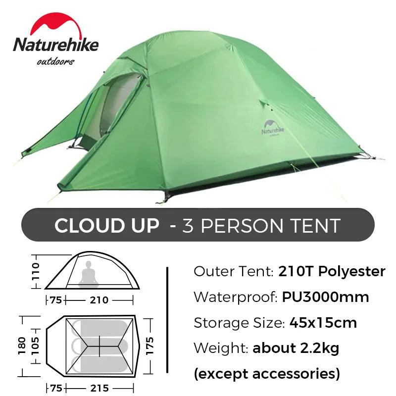 Naturehike Cloud Up 3 Person Ultralight Tent Waterproof Outdoor Hiking Cycling Backpacking Tent 20D Beach Camping Tents with Mat