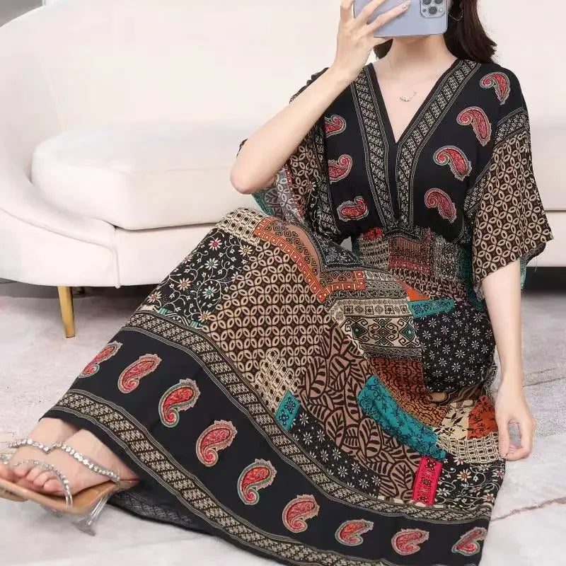 Vestidos Para Mujer Rope Robe Dress Women Casual Elegant Retro Bohemian V Neck Boho Korean Printed Summer Long Dresses Clothes