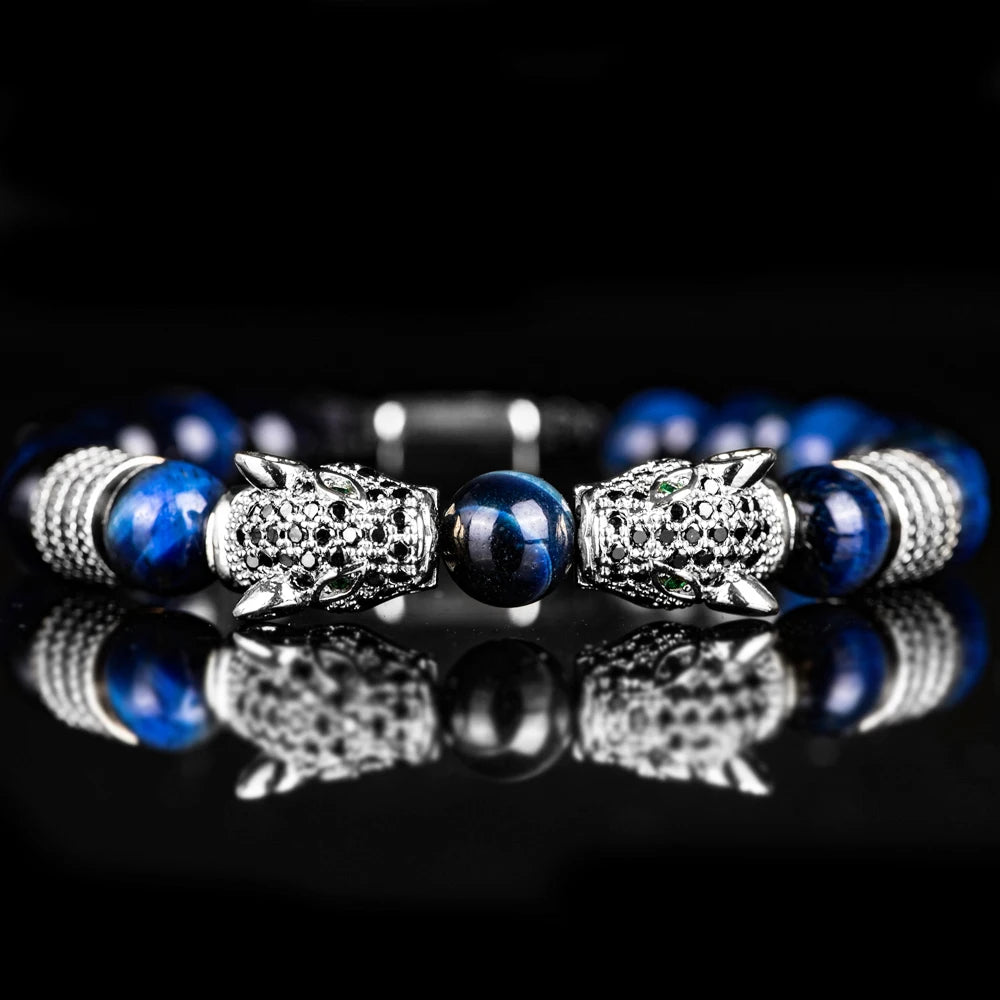 New Trend Double Leopard head Handmade tiger's-eye Bracelets  Accessories Handmade Men's Jewelry Pulseras homme