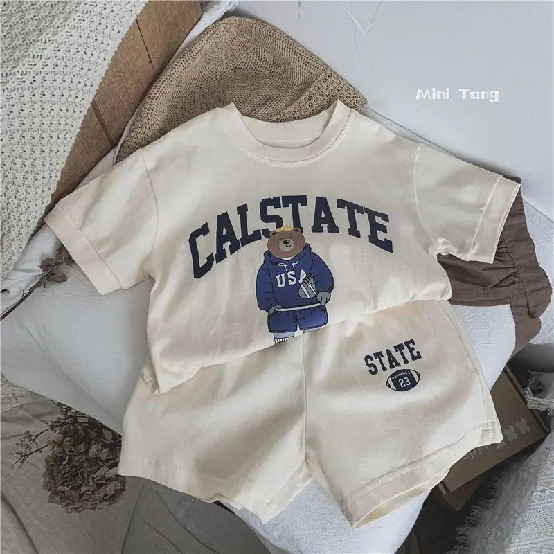 New Child Cartoon Letter Bear Tshirt+Shorts 2Piece Set Solid Color Tracksuits Summer Kids Short Sleeve Outfits Baby Thin Suit