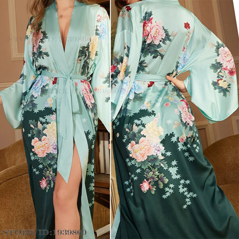 Spring Summer Female Sleepwear Long Robe Print Flower Kimono Bathrobe Gown Night Dress Casual Silk Satin Women's Home Clothing