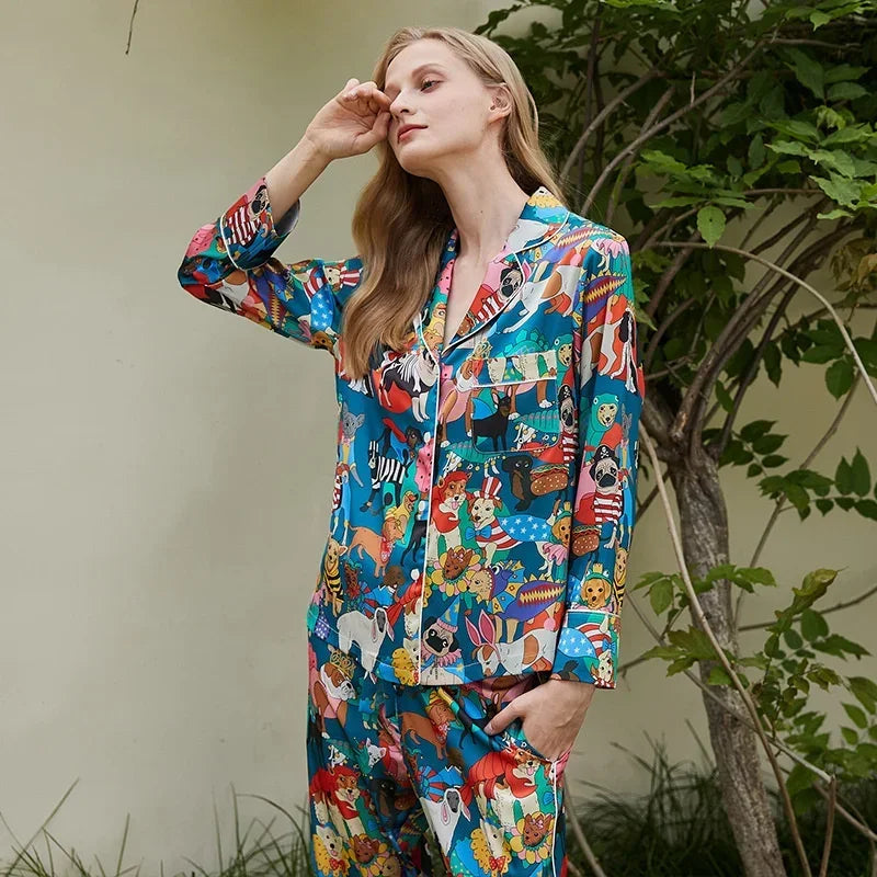 Spring and Summer 2023 New Ice Silk Pajamas Women's Long-sleeved Silk Lapel Home Suit Fashionable Ins Style