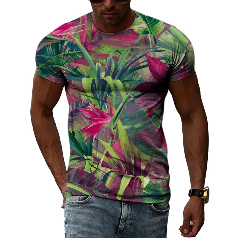 Summer New Men's Floral Pattern 3D T-shirt Street Hip Hop Personality Print Tops Trendy Fashion Round Neck Short Sleeve Clothing