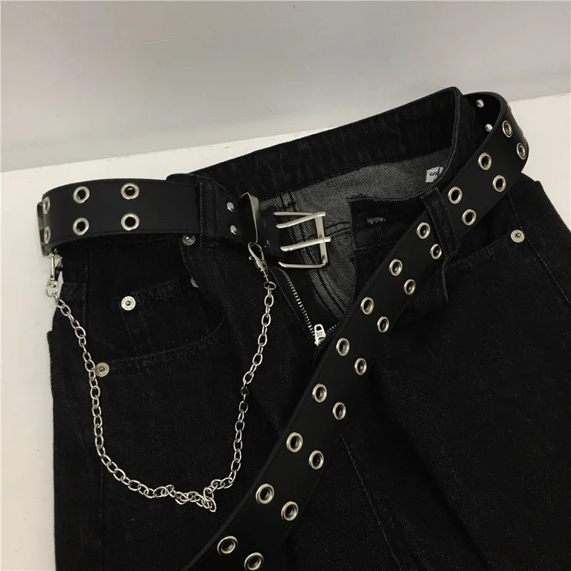Women's Belt Trend Double Ring Belt Double Hole Eyelet Grommet Leather Buckle Punk Pin Belt Leisure Dress Jeans Gothic Waistband