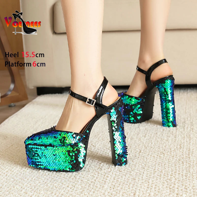 Bling Sequin Sandals Women Stage Show Buckle Strap High Heels Summer Thick Platform Ladies Shoes Nightclub Sandalias De Mujer