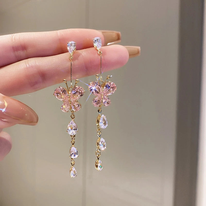 New Trendy Green Zircon Butterfly Earrings for Women Light Luxury Sweet Long Tassel Earrings Aesthetics Wedding Party Jewelry