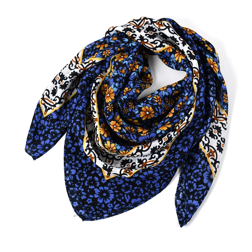 85*85cm Pastoral Style Women Headband Scarf Luxury Floral Print Square Bandana Lady Handkerchief Ethnic Shawl Head Scarves