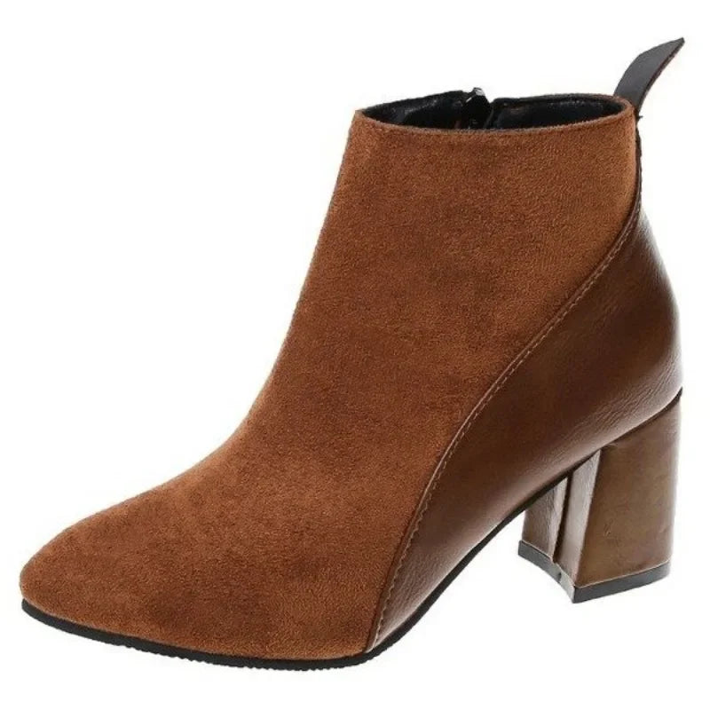 2026 Autumn/Winter Women Ankle Boots Pointed Fashion Short Boots Suede Panel Side Zipper Thick Heels Women's Shoes Large 44