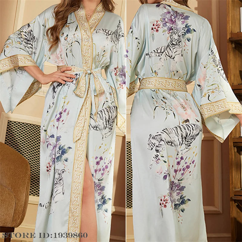 Spring Summer Female Sleepwear Long Robe Print Flower Kimono Bathrobe Gown Night Dress Casual Silk Satin Women's Home Clothing