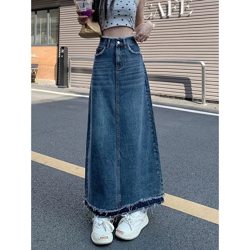 Summer Street Style Rough Edge Skirt Korean Version Women Retro Casual High-waisted A-line Skirt Temperament Loose Denim Skirts