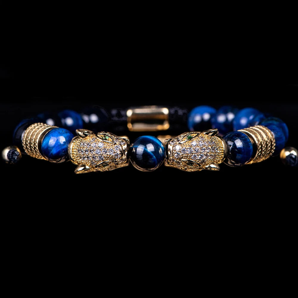 New Trend Double Leopard head Handmade tiger's-eye Bracelets  Accessories Handmade Men's Jewelry Pulseras homme