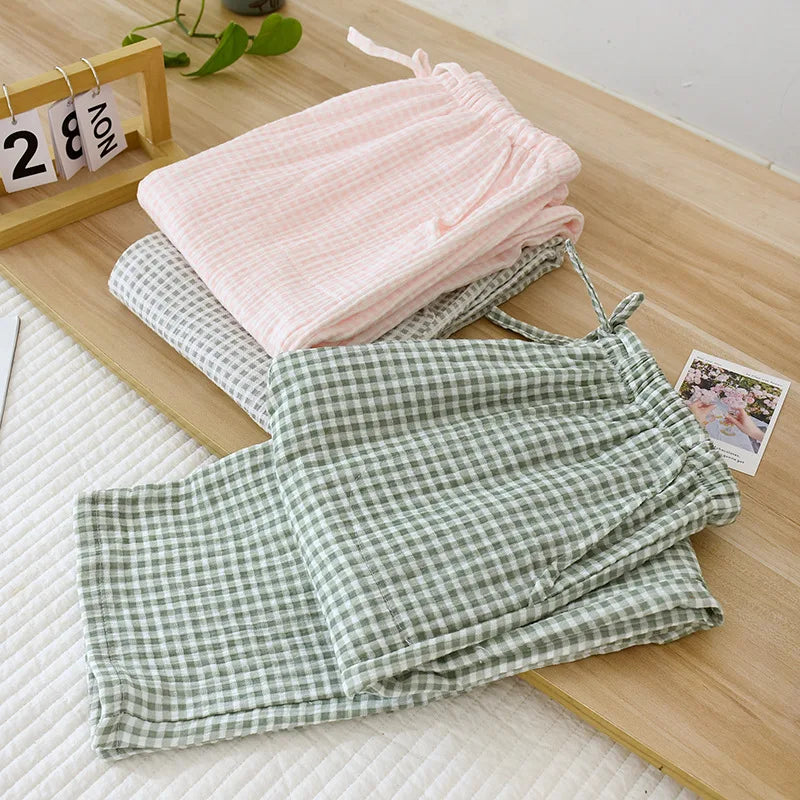 New Spring Summer Japanese Women's Pajamas 100%Cotton Crepe Small Plaid Loose Girls' Pants Household Pants Thin Size Large pants