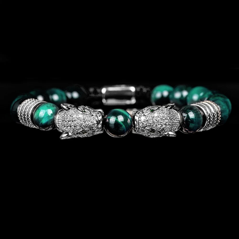 New Trend Double Leopard head Handmade tiger's-eye Bracelets  Accessories Handmade Men's Jewelry Pulseras homme