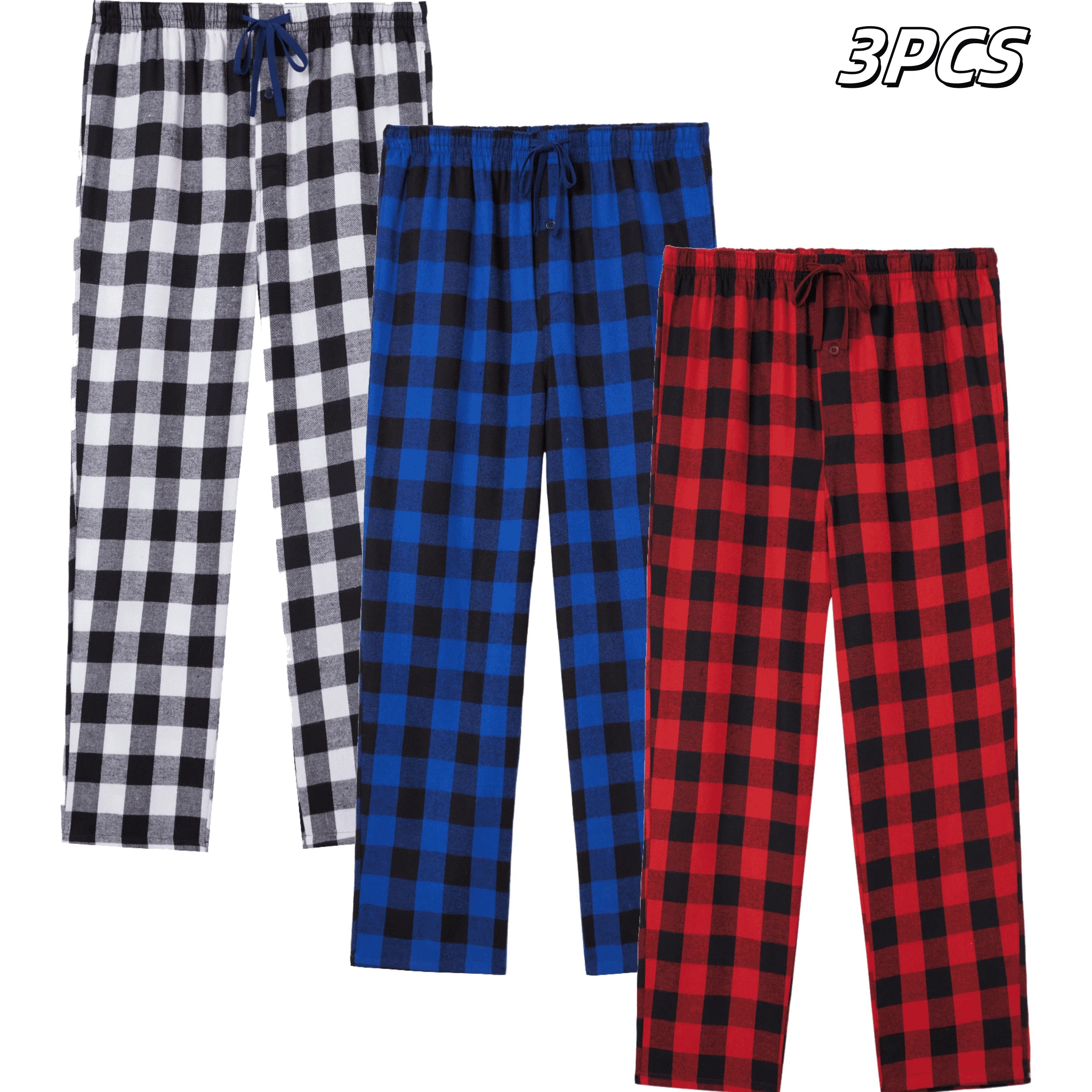 JupiterSecret 3pcs Men's Pajama Pants Autumn/Winter Flannel Cotton Plaid Sleep & Lounge PJ Bottoms with Pockets and Button Fly
