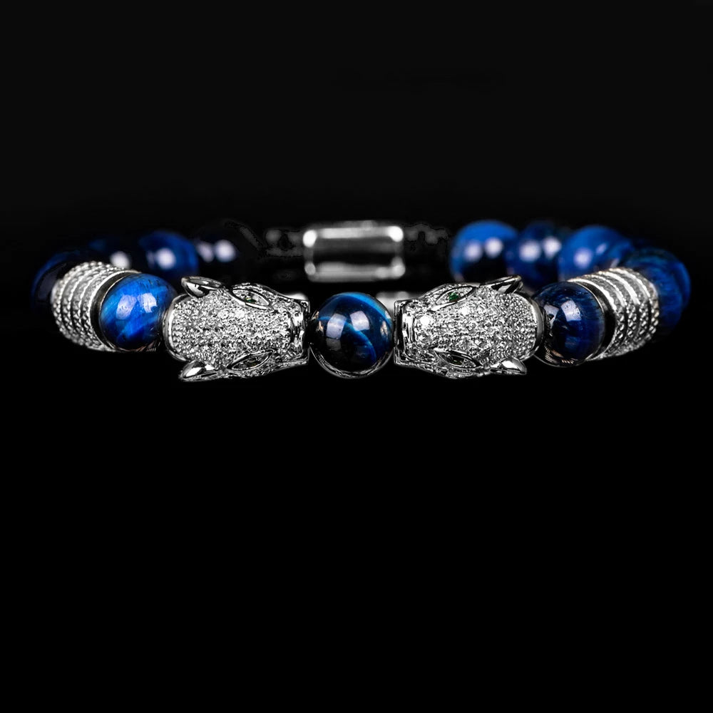 New Trend Double Leopard head Handmade tiger's-eye Bracelets  Accessories Handmade Men's Jewelry Pulseras homme