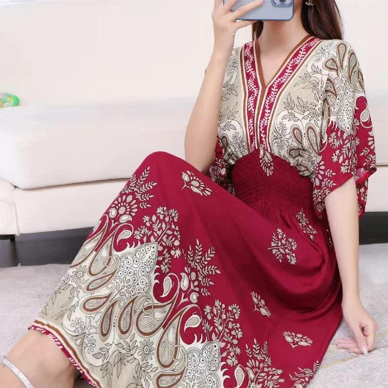 Vestidos Para Mujer Rope Robe Dress Women Casual Elegant Retro Bohemian V Neck Boho Korean Printed Summer Long Dresses Clothes