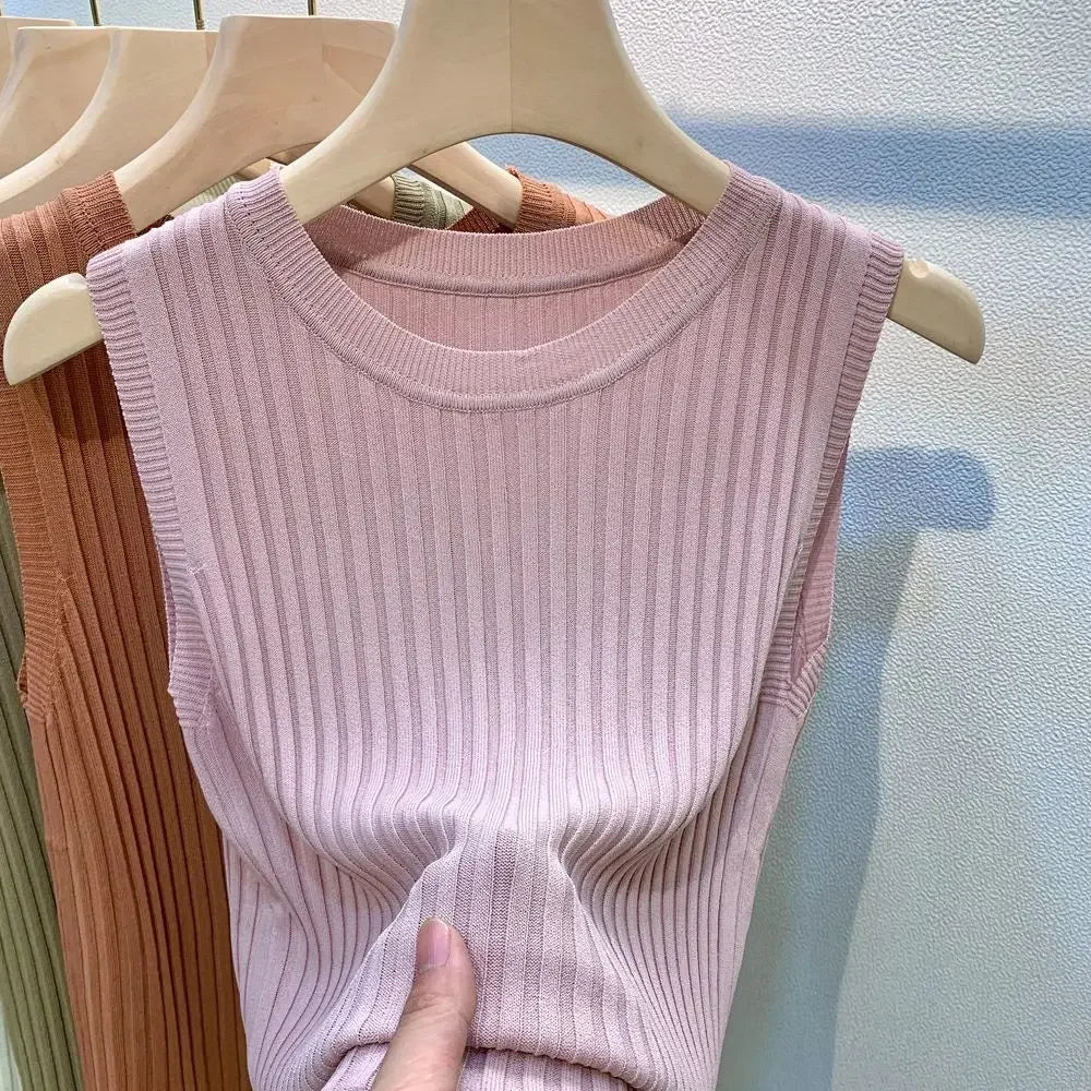 Summer 2026 New Fashion Knitted Vests O-neck Sleeveless Casual Thin Tops Sleeveless Blouse Women Shirt ﻿