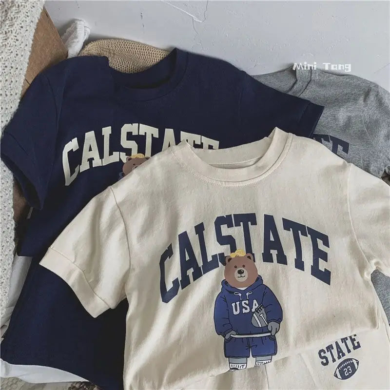 New Child Cartoon Letter Bear Tshirt+Shorts 2Piece Set Solid Color Tracksuits Summer Kids Short Sleeve Outfits Baby Thin Suit