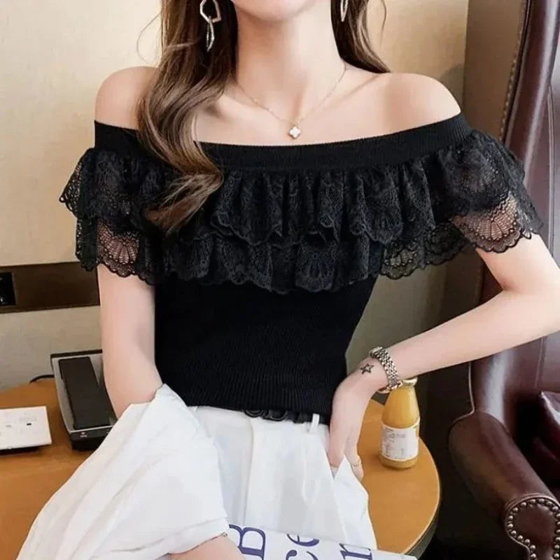Ruffled Lace Slip-Neck Sexy Knitted T-Shirt Korean Style Elegant Casual Top Sleeveless Solid Color T-shirt Fashion Clothing 2022