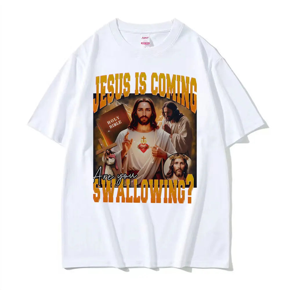 2026 New Funny Jesus Meme 100%cotton men's shirt Vintage O-Neck Short Sleeve Harajuku women's summer fashion oversized Tshirt