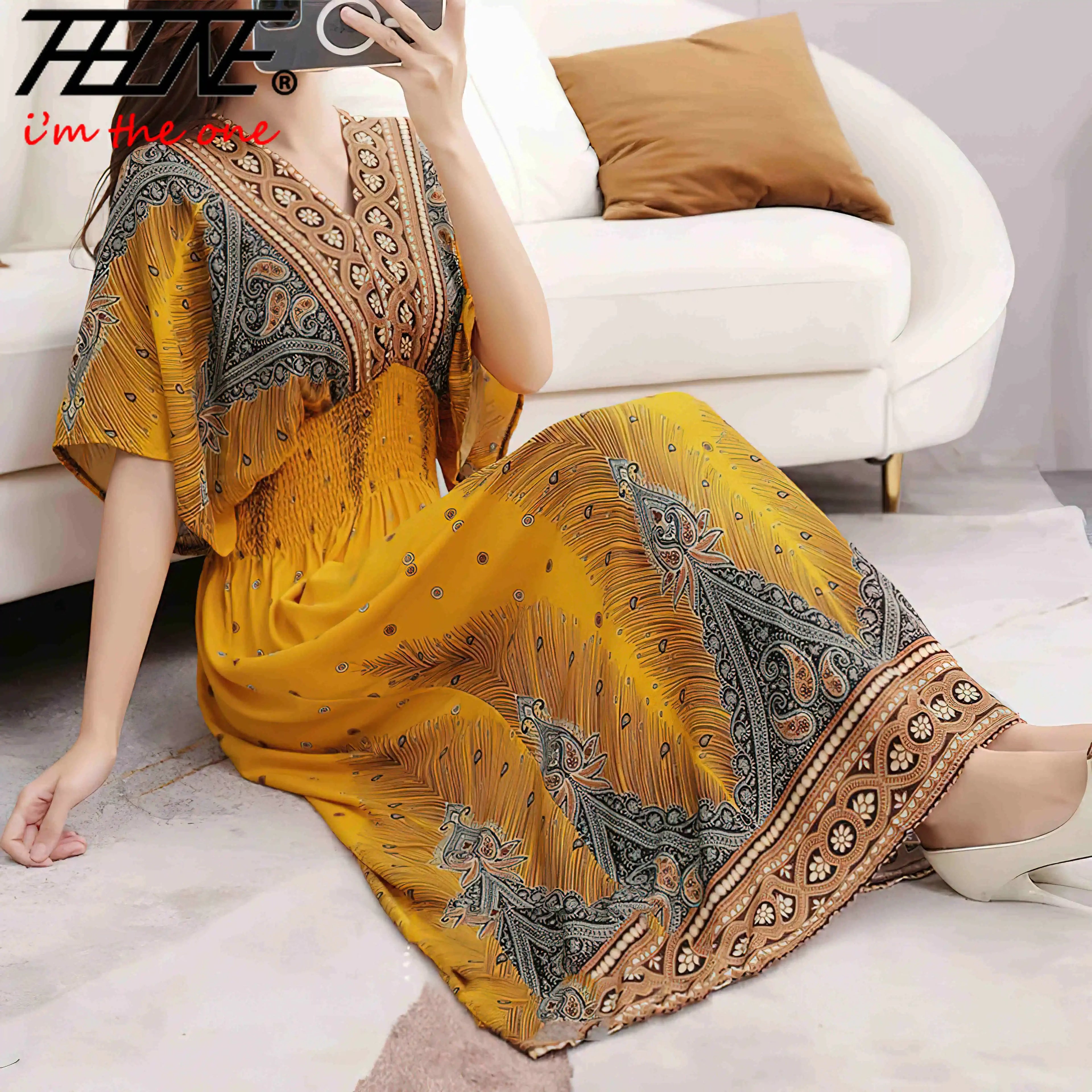 Vestidos Para Mujer Rope Robe Dress Women Casual Elegant Retro Bohemian V Neck Boho Korean Printed Summer Long Dresses Clothes