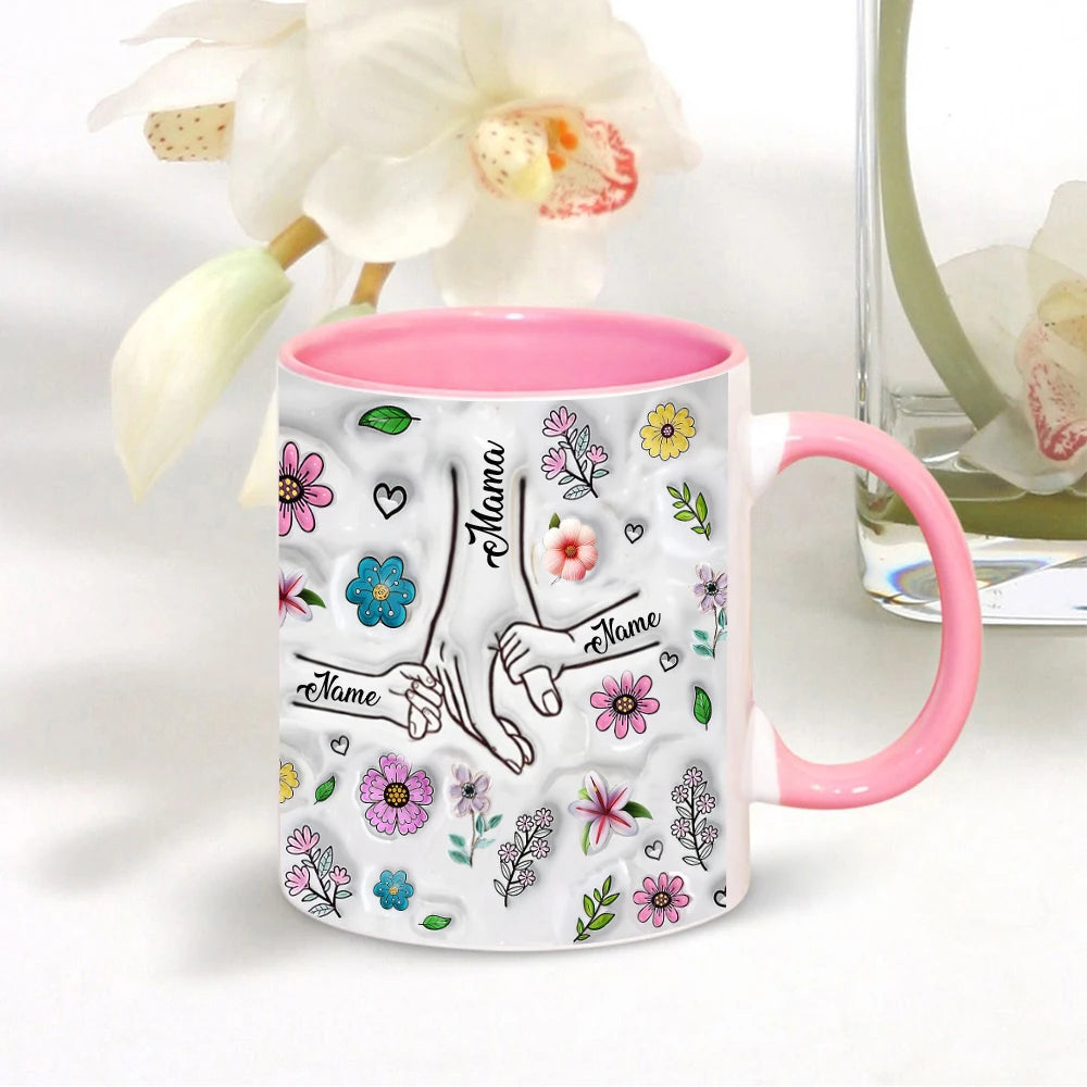 Personalized Kids Names Mug Customize 3D Effect Printing WITH Flowers Cup Holding Hands Coffee Mugs Mother's Day Gifts