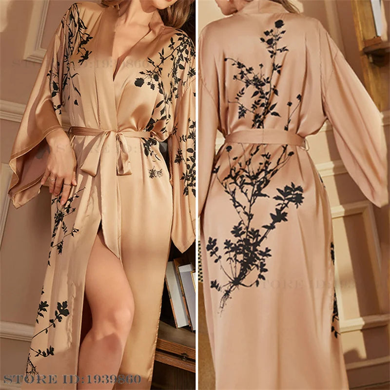 Spring Summer Female Sleepwear Long Robe Print Flower Kimono Bathrobe Gown Night Dress Casual Silk Satin Women's Home Clothing