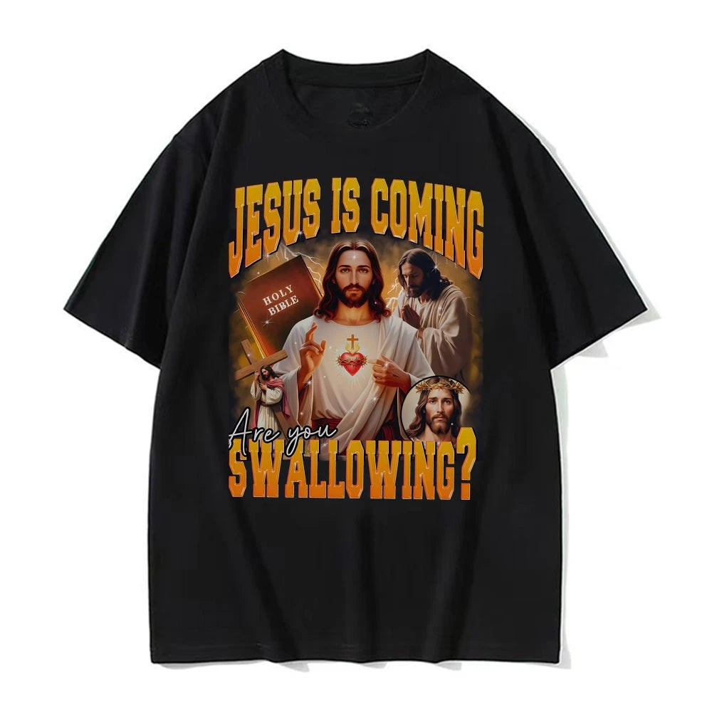2026 New Funny Jesus Meme 100%cotton men's shirt Vintage O-Neck Short Sleeve Harajuku women's summer fashion oversized Tshirt